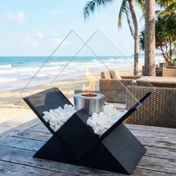Modern Tabletop Fireplace - Black with White Stones